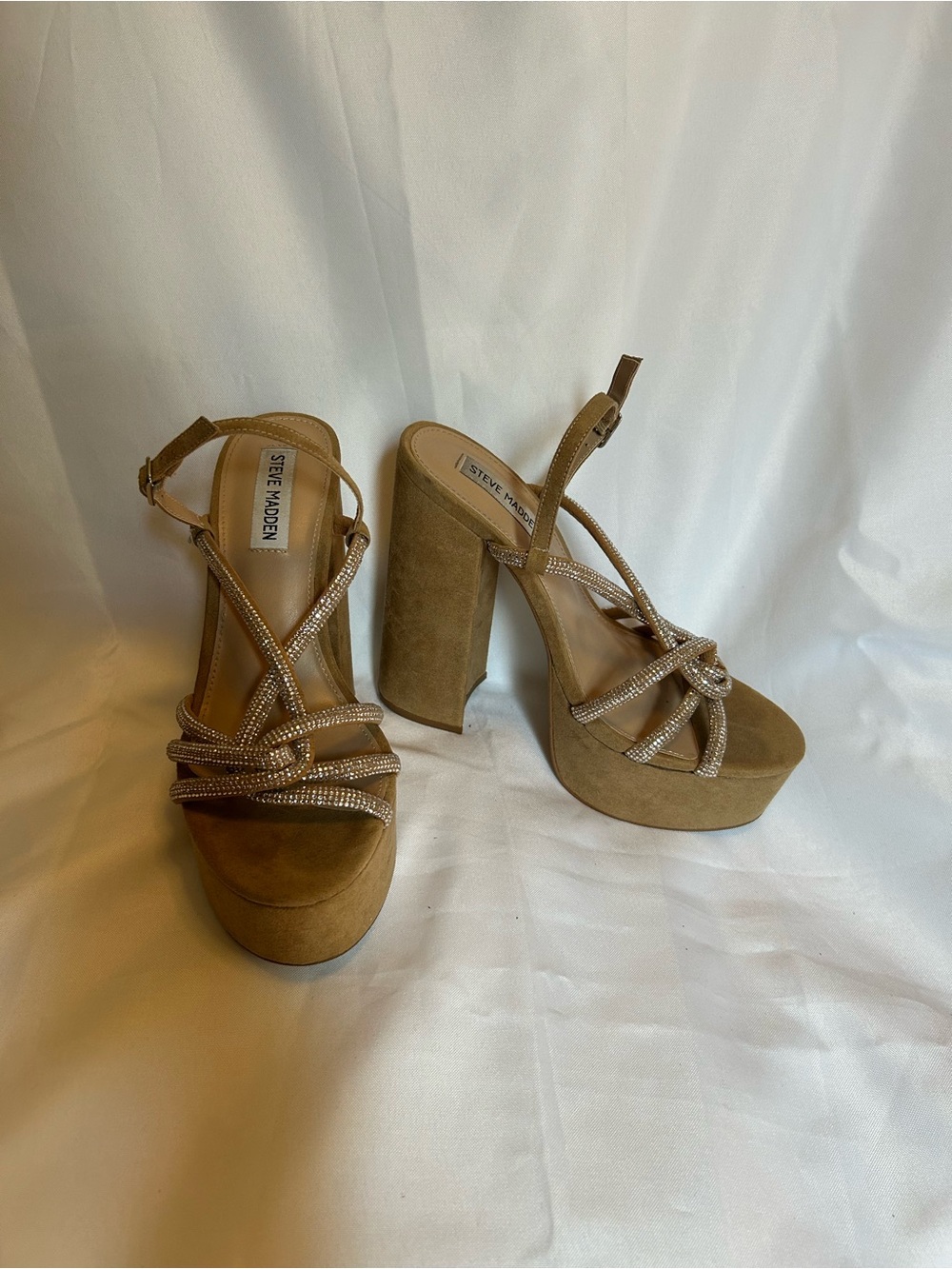Steve Madden Tan Suede Platform Heels with Crystal-Strapped Detail